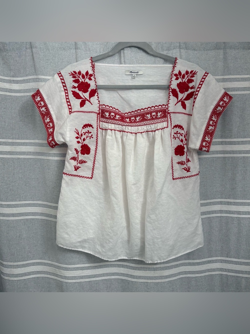 Madewell White & Red Embroidered Square Neck Linen Peasant Top Blend Size M